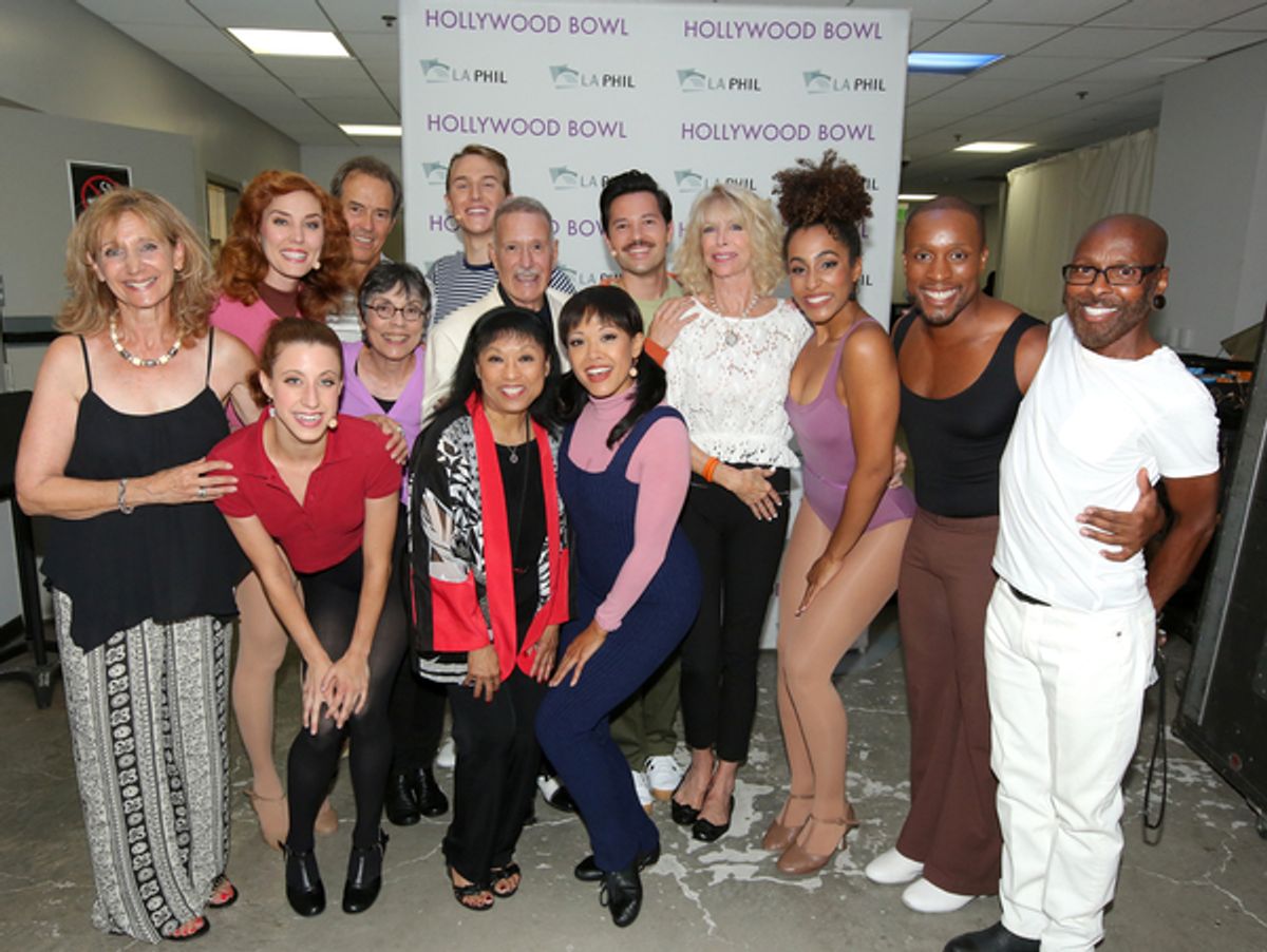 Front row: (L-R):  Original 1975 cast member Nancy Lane (standing) and Hollywood Bowl cast member Kelsey Walston (In red) as Bebe Benzenheimer, original cast member Baayork Lee and Hollywood Bowl cast member J. Elaine Marcos as Connie Wong, original cast  at 